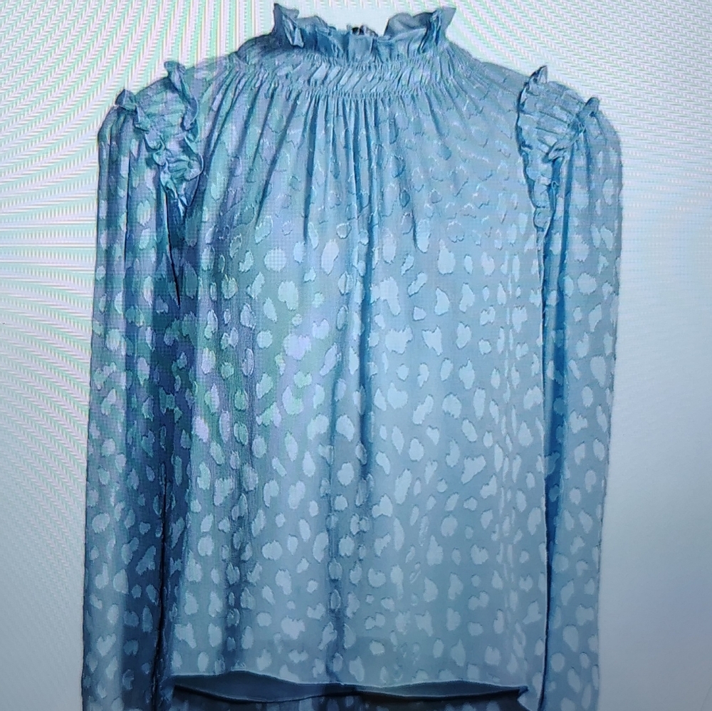 Rebecca Taylor Robin's Egg Blue Femme Shirred Ruffle Top Sz 14 - Picture 2 of 8